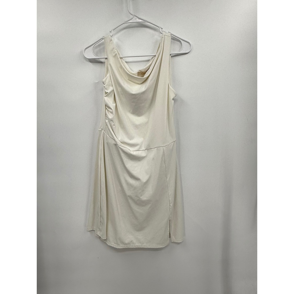 Qinsen Large Active Dress Womens Cream Cowl Neck Sleeveless Side Slit Gathered